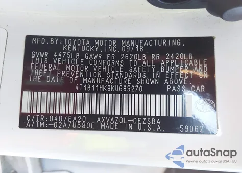 2019 Toyota Camry Se из США, поврежденный, VIN 4T1B11HK9KU685270